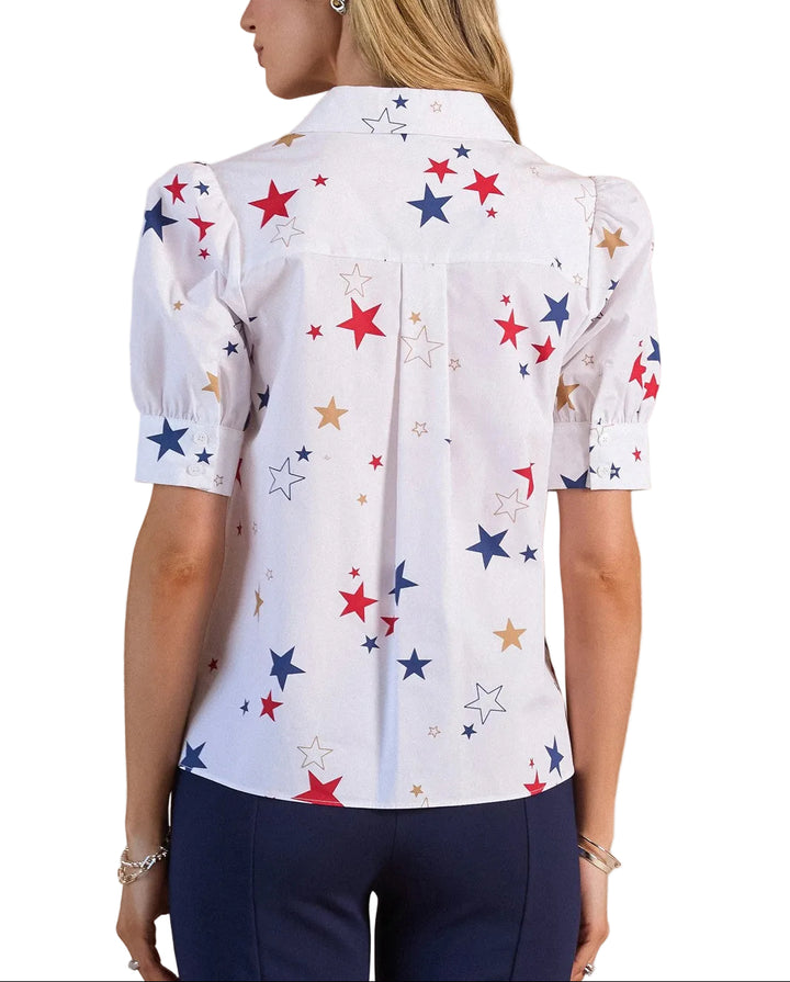 Brighten your wardrobe with this charming star printed short sleeve blouse. The playful multi-color star pattern adds a cheerful touch to everyday outfits, while the relaxed short sleeves keep you comfortable through warm weather. Perfect for casual styling with jeans or dressing up with tailored trousers. A versatile piece that transitions effortlessly from day to night.