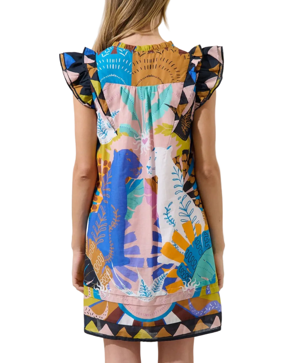 Make a wild style statement with this playful shift dress, featuring a striking print. It has a relaxed, shift silhouette with ruffle cap sleeves. Finished with hidden side pockets, it’s perfect to pair with heels.