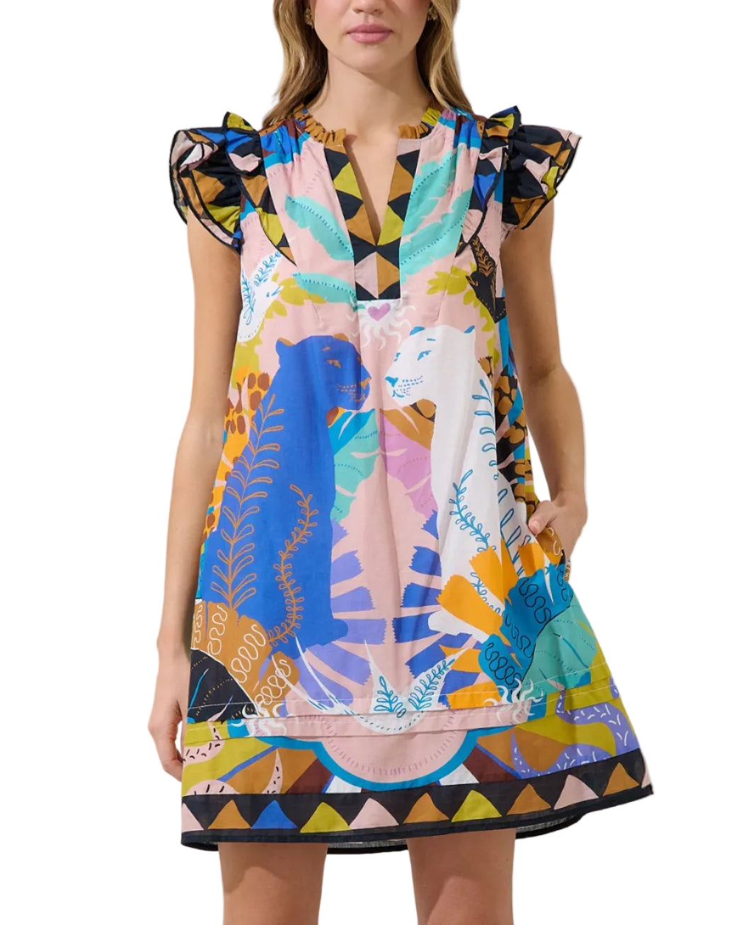 Make a wild style statement with this playful shift dress, featuring a striking print. It has a relaxed, shift silhouette with ruffle cap sleeves. Finished with hidden side pockets, it’s perfect to pair with heels.