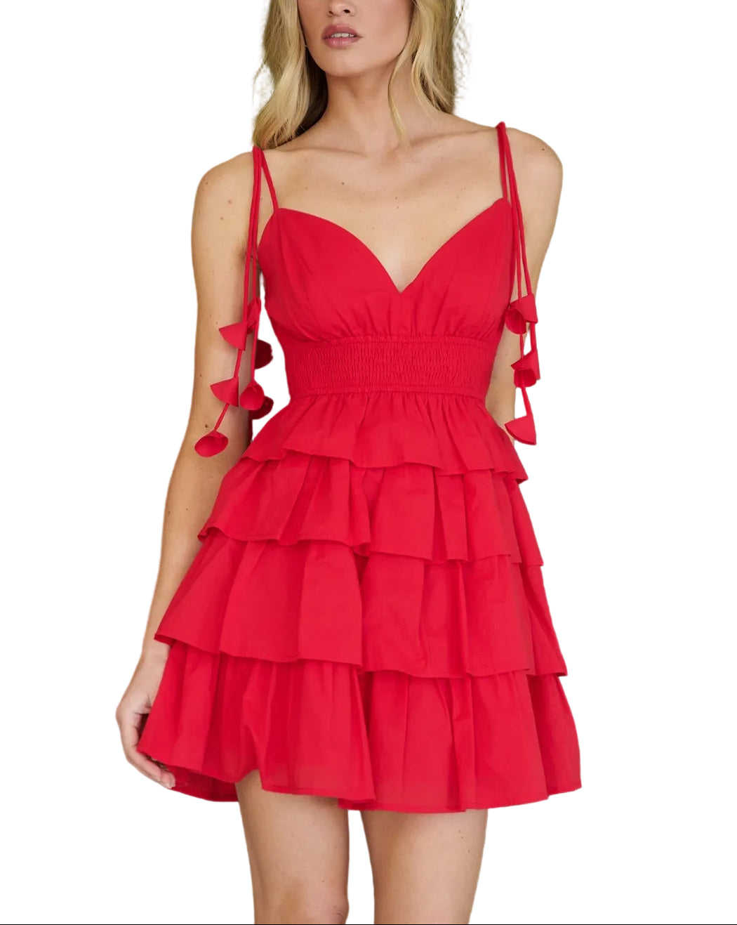 The Wynne Ruffle Tiered Mini Dress brings effortless elegance to your wardrobe. Crafted with cascading ruffled tiers, this mini dress features a flattering silhouette that moves beautifully with you. The rich red hue makes a bold statement, perfect for date nights, parties, or elevated casual occasions. Soft, breathable fabric ensures all-day comfort, while the tiered design adds romantic dimension and visual interest. A versatile piece that pairs seamlessly with heels, sneakers, or boots.