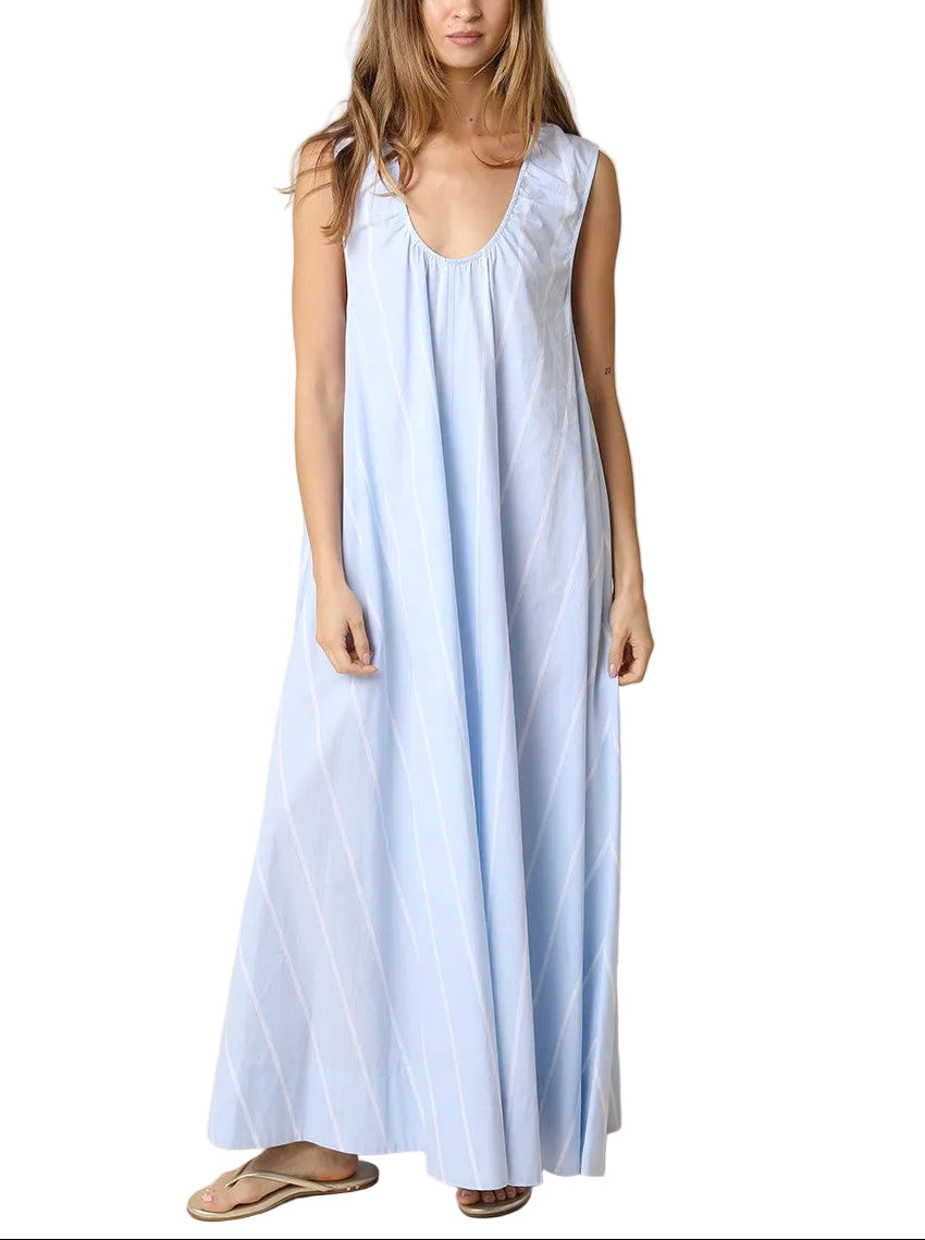 Effortless elegance meets warm-weather style with the Mara Sleeveless Maxi Dress. Crafted in a crisp light blue with classic stripes, this floor-length silhouette offers a breezy, sophisticated look perfect for summer occasions. The sleeveless design keeps you cool while the maxi length provides graceful coverage. Versatile enough for casual outings or dressed up for evening events, this timeless piece is a wardrobe essential that transitions seamlessly from day to night.