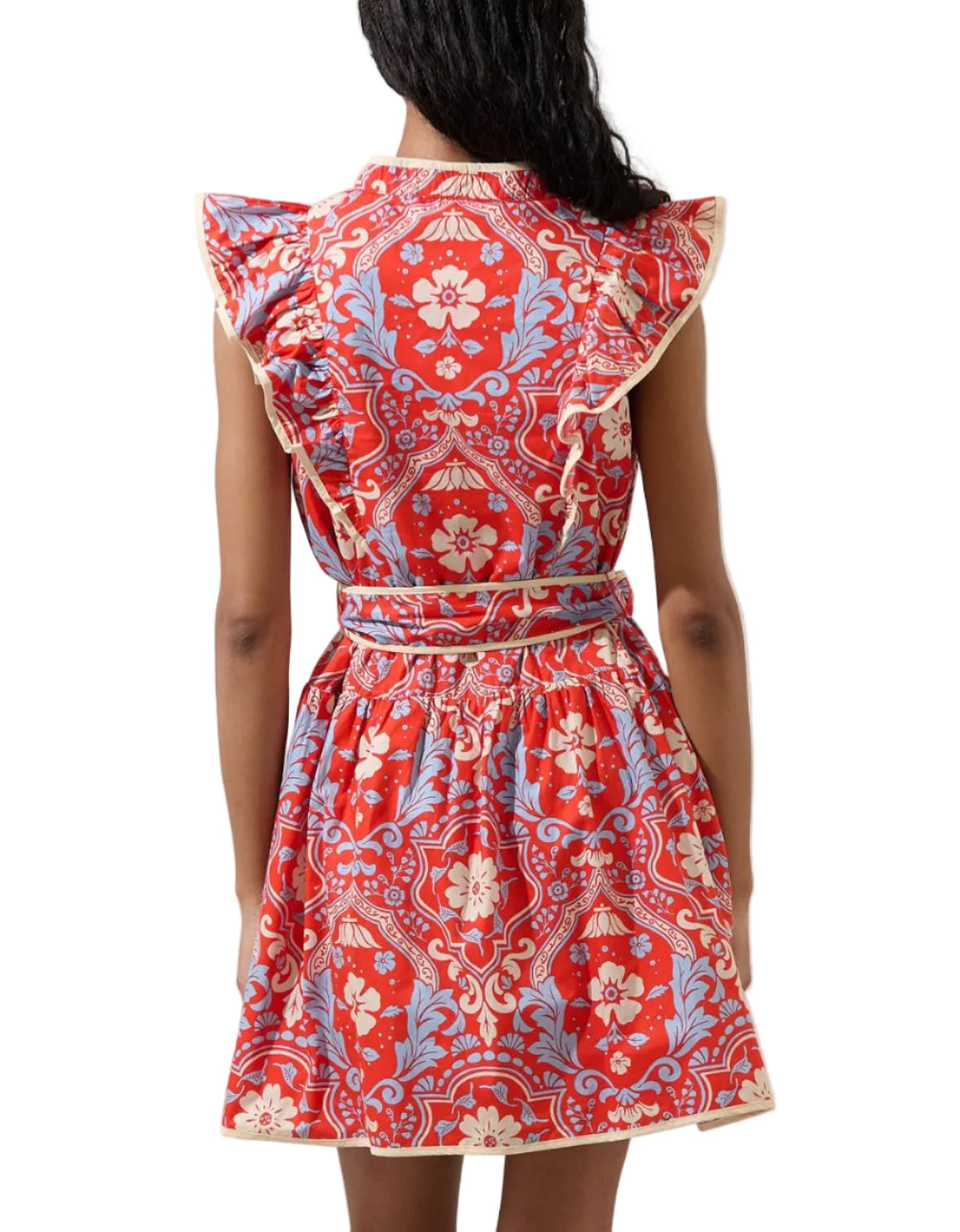 Florals that feel like sunshine. This charming mini dress features a pretty floral print with delicate piping that outlines its feminine silhouette. The design is elevated by dramatic ruffled shoulders and a matching tie-waist belt that perfectly cinches the frame above a flirty, flared skirt. 
