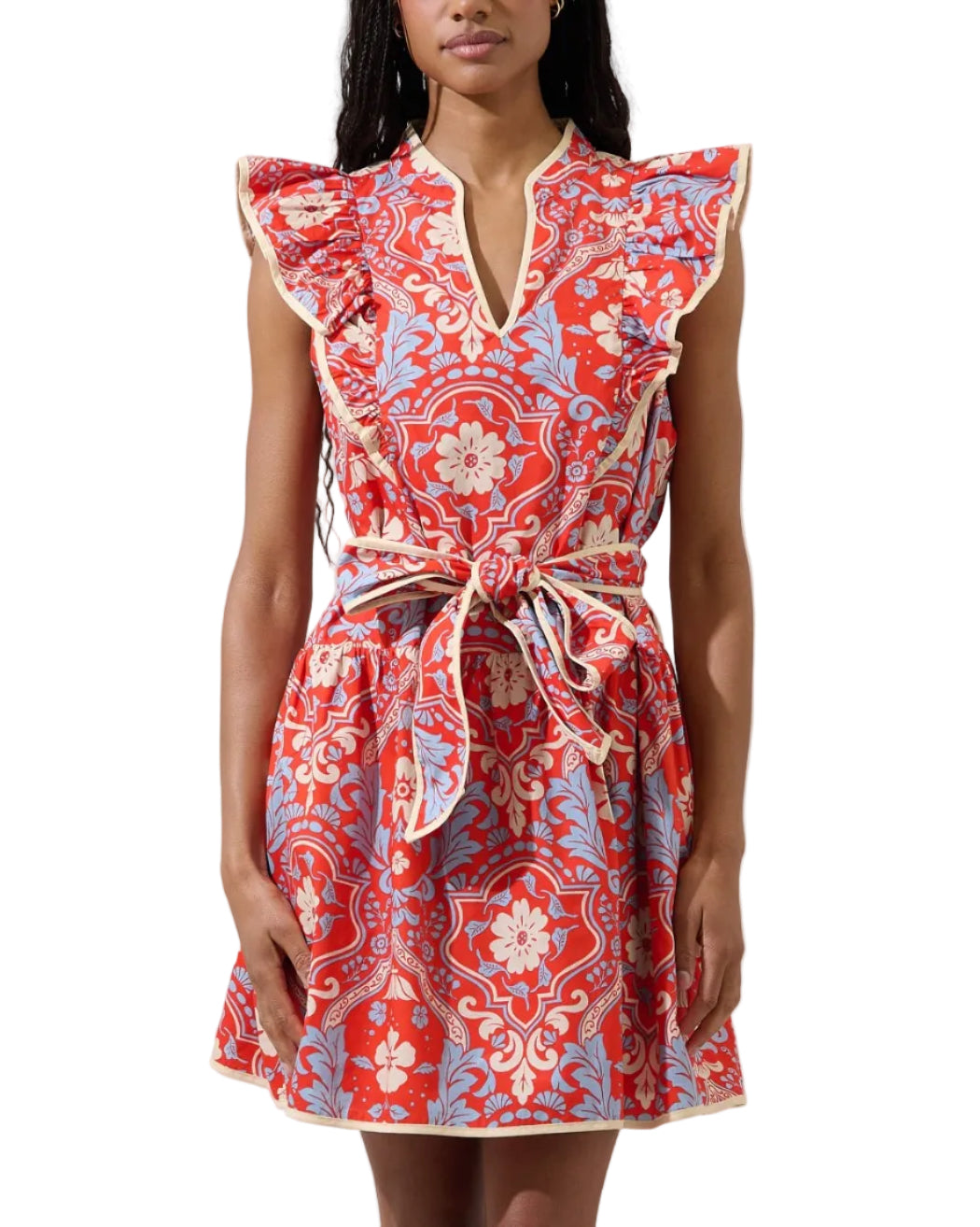 Florals that feel like sunshine. This charming mini dress features a pretty floral print with delicate piping that outlines its feminine silhouette. The design is elevated by dramatic ruffled shoulders and a matching tie-waist belt that perfectly cinches the frame above a flirty, flared skirt. 