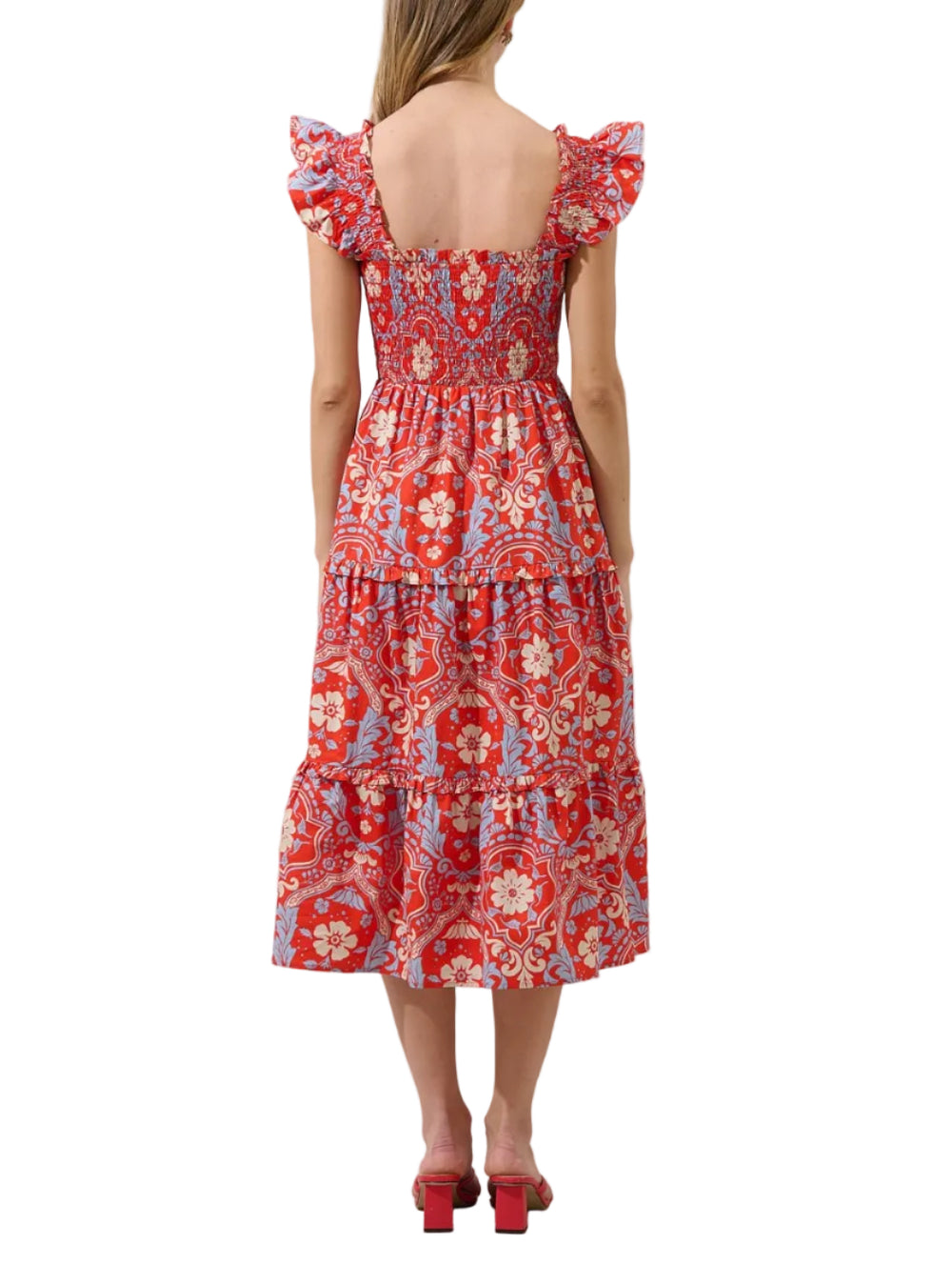 Where every step feels like a garden. Multi florals sit on a red background to create this dress. It features a smocked body with ruffle shoulders. It has tiers on the bottom fun skirt. Pair with your favorite heels.