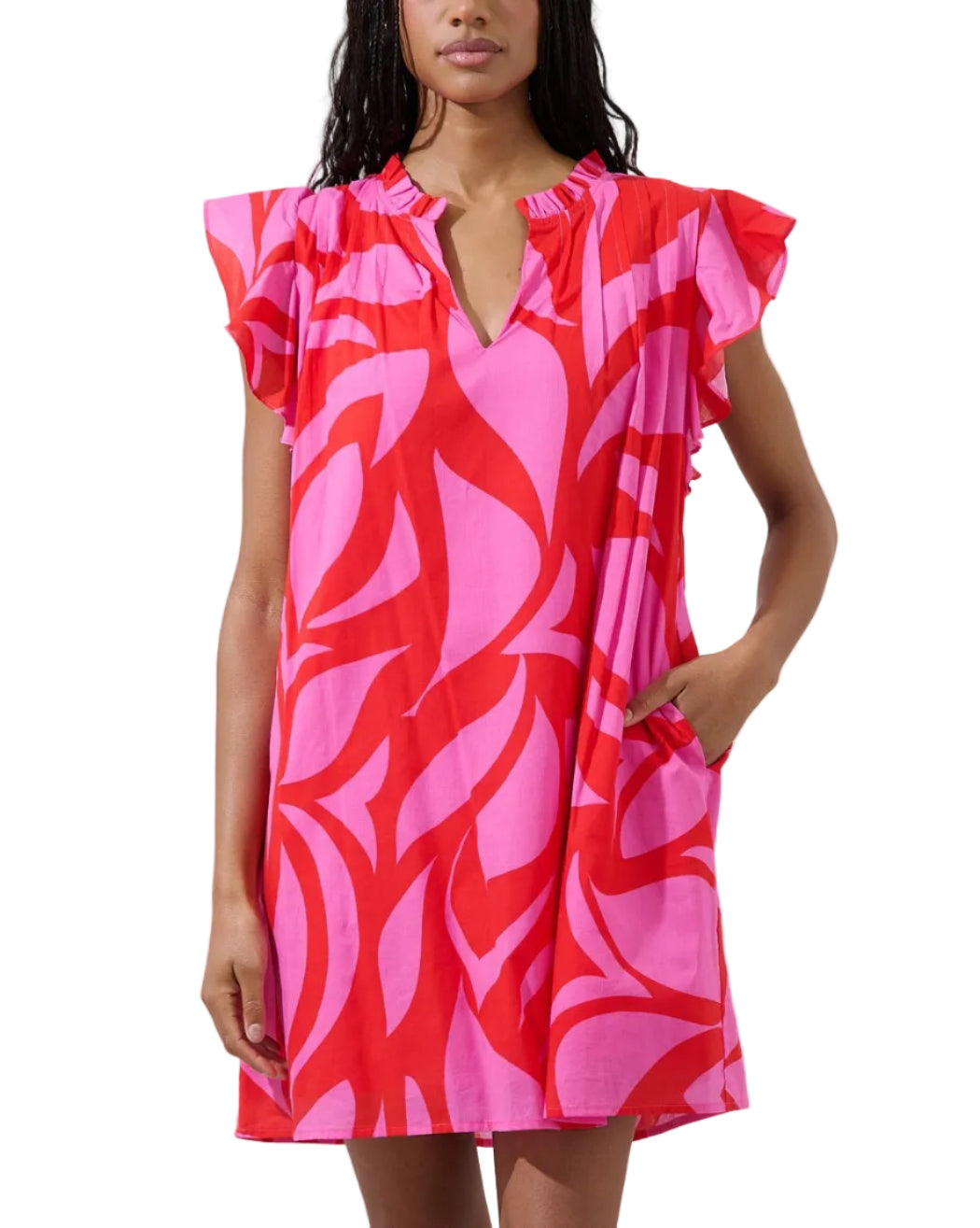 Your new favorite dress moment. This chic mini dress features a playful print and a V-neckline with a ruffled collar. Its lightweight design is defined by feminine flutter sleeves and a relaxed shift silhouette. Pair with sandals and your favorite handbag.