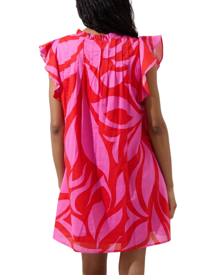 Your new favorite dress moment. This chic mini dress features a playful print and a V-neckline with a ruffled collar. Its lightweight design is defined by feminine flutter sleeves and a relaxed shift silhouette. Pair with sandals and your favorite handbag.