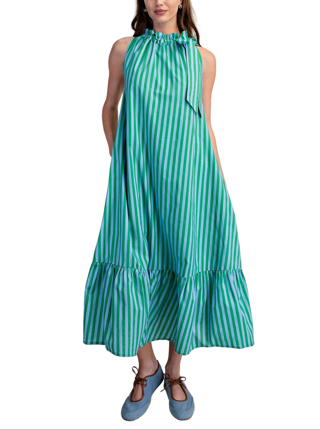 Effortless summer style meets timeless elegance with the Marisa Striped Midi Sleeveless Dress. This versatile piece features classic stripes throughout, a flattering sleeveless silhouette, and a charming ruffle neck tie that adds a playful touch. The midi length offers sophisticated coverage while keeping you cool and comfortable. Perfect for casual outings, weekend brunches, or dressed up for evening occasions. A wardrobe essential that transitions seamlessly from day to night.