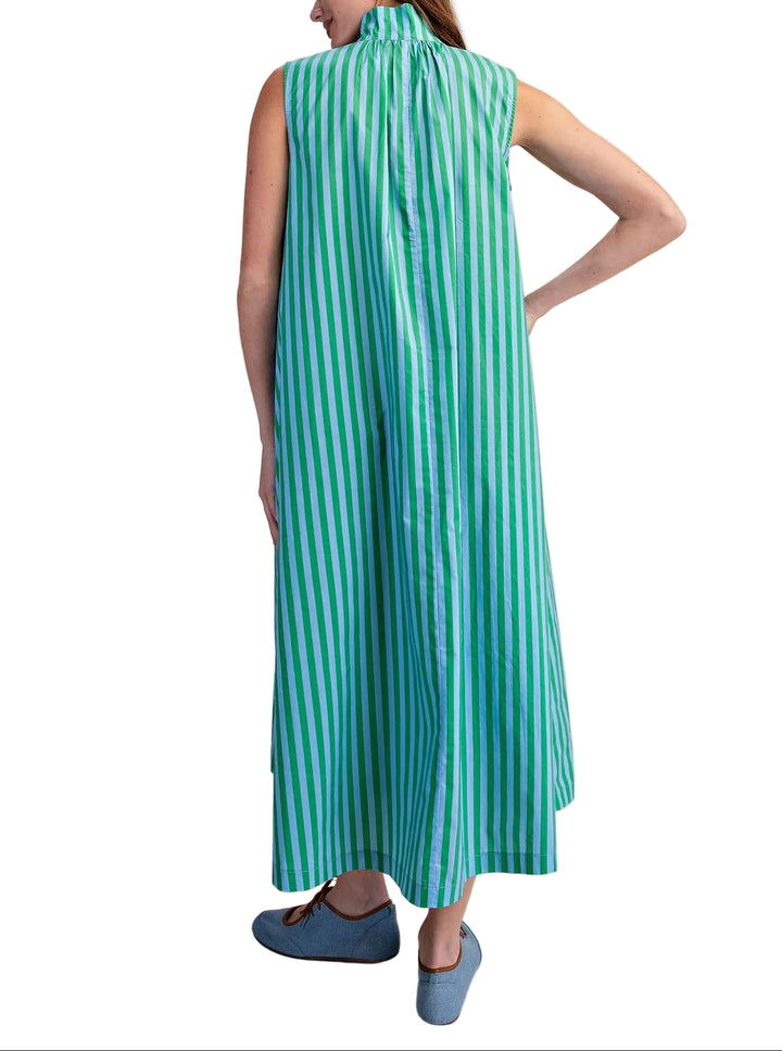 The Bess Sleeveless Striped Midi Dress combines timeless elegance with modern sophistication. Featuring a striking high collar and gleaming gold metal buttons, this piece makes an instant statement. The classic stripe pattern adds visual interest while the midi length offers versatile styling for both casual and dressy occasions. Sleeveless design keeps it light and breathable, perfect for layering or wearing solo. A wardrobe essential that transitions seamlessly from day to evening.