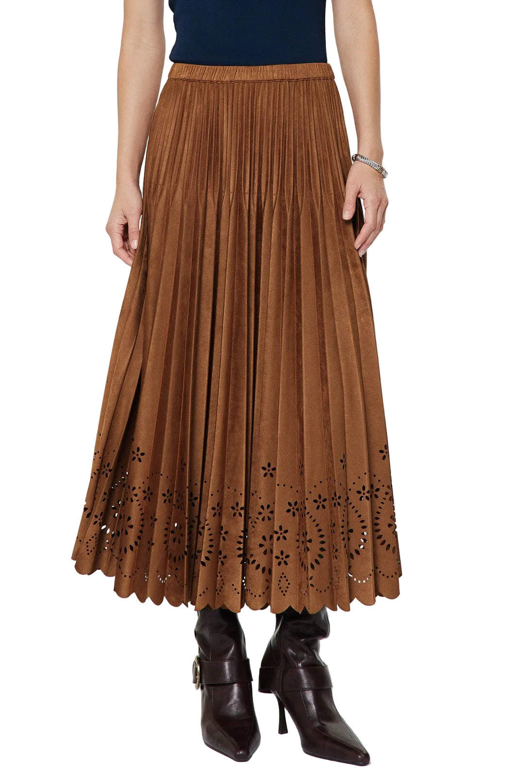 Elevate your wardrobe with the Pamela Pleated Laser Cut Midi Skirt—a modern take on timeless elegance. Precision laser-cut detailing creates striking geometric patterns that catch the light beautifully, while soft pleats add graceful movement and dimension. The midi length offers versatile styling for both casual and dressed-up occasions. Crafted for comfort and visual impact, this skirt pairs effortlessly with everything from fitted tops to oversized blouses. 