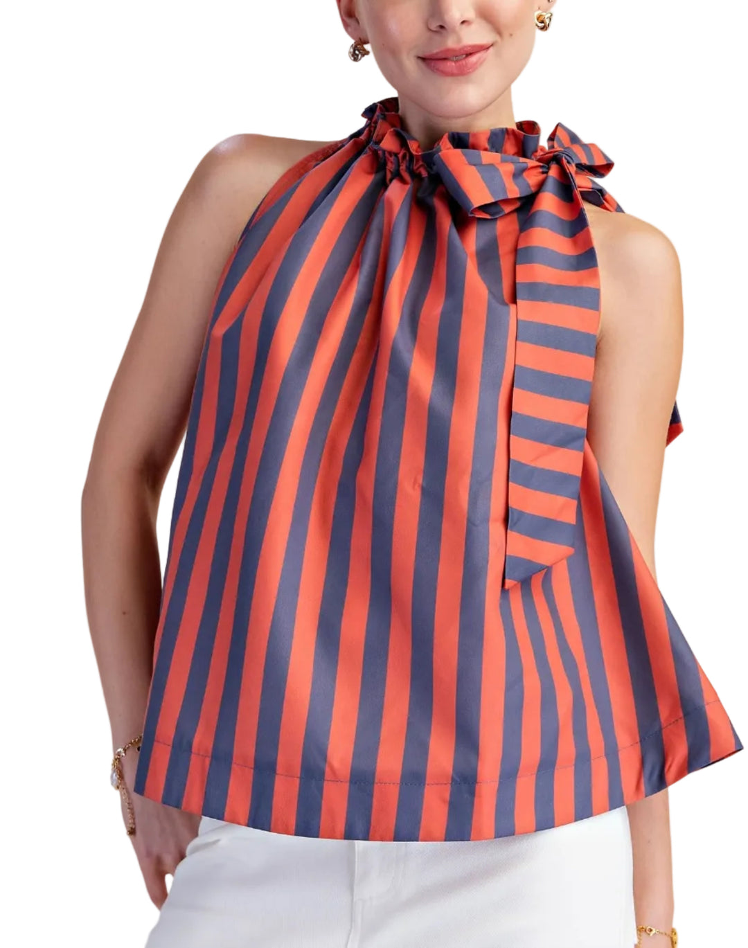 Make a vibrant statement with this eye-catching sleeveless top, designed for the modern woman who loves to stand out. Featuring a bold, vertical stripe pattern in a striking combination of pop color and deep soft color, this halter-neck blouse is sure to turn heads. The playful ruffled neckline artfully gathers into a chic bow at the front, adding a touch of feminine charm and sophistication. 