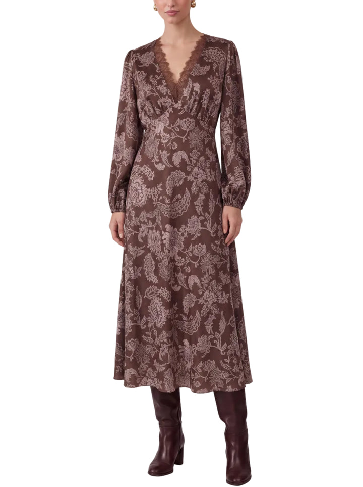 -Floral paisley printed maxi dress
-V-neck with lace trim detail
-Long sleeves with elasticized cuffs
-Flared A-line skirt 
-Gentle cycle wash in cold water