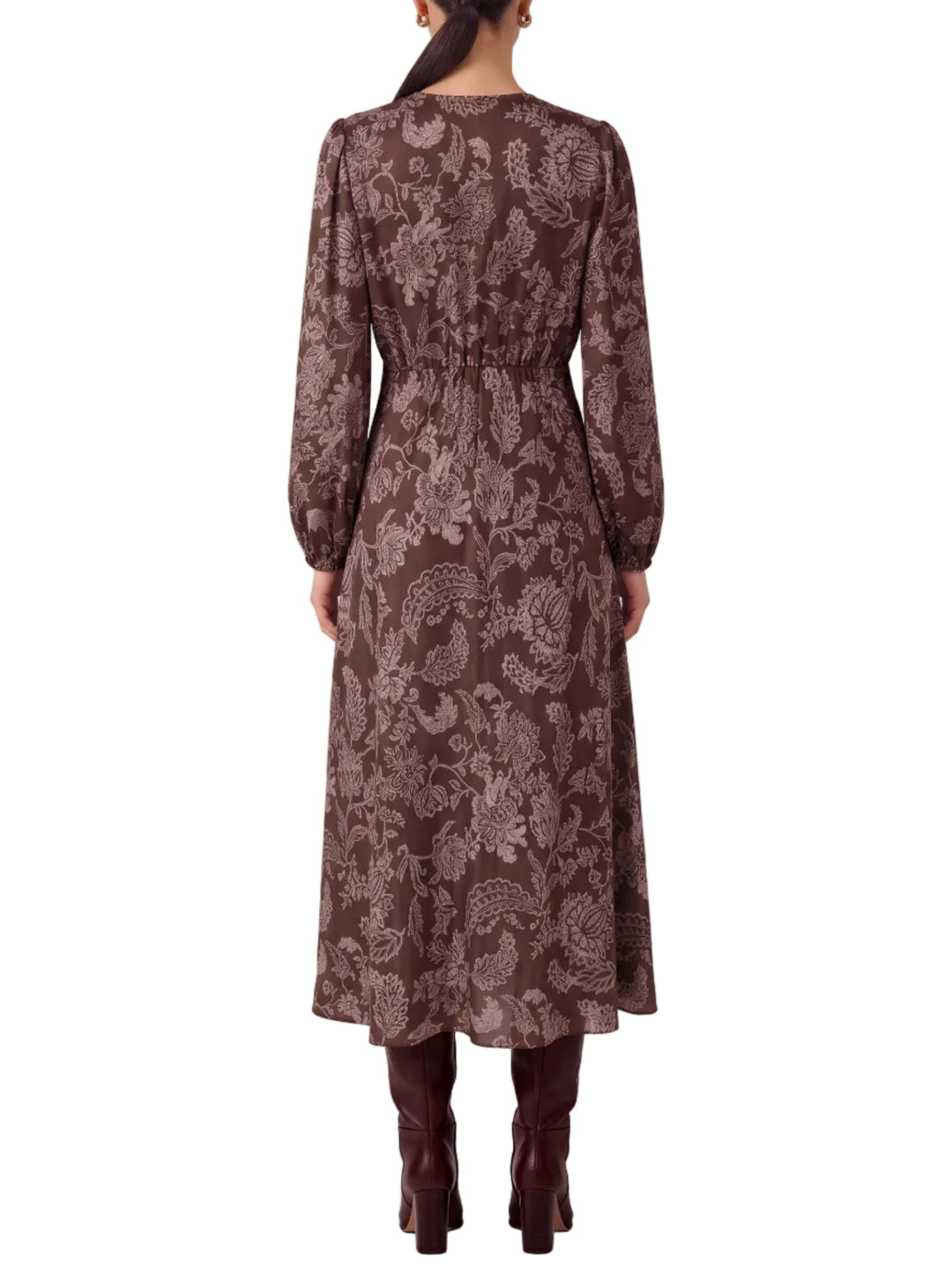 -Floral paisley printed maxi dress
-V-neck with lace trim detail
-Long sleeves with elasticized cuffs
-Flared A-line skirt 
-Gentle cycle wash in cold water