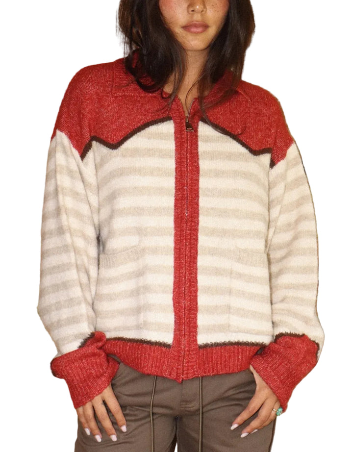 Western Striped Zip Up Sweater