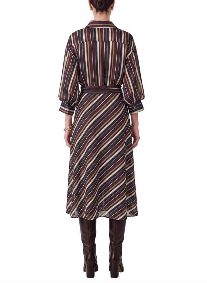 Elegant burgundy midi dress featuring classic stripes for a refined, timeless look. The striped pattern adds visual interest while the midi length offers versatile styling for any occasion. Pair with heels for evening wear or flats for a polished daytime ensemble. Perfect for those seeking understated sophistication with a touch of pattern.