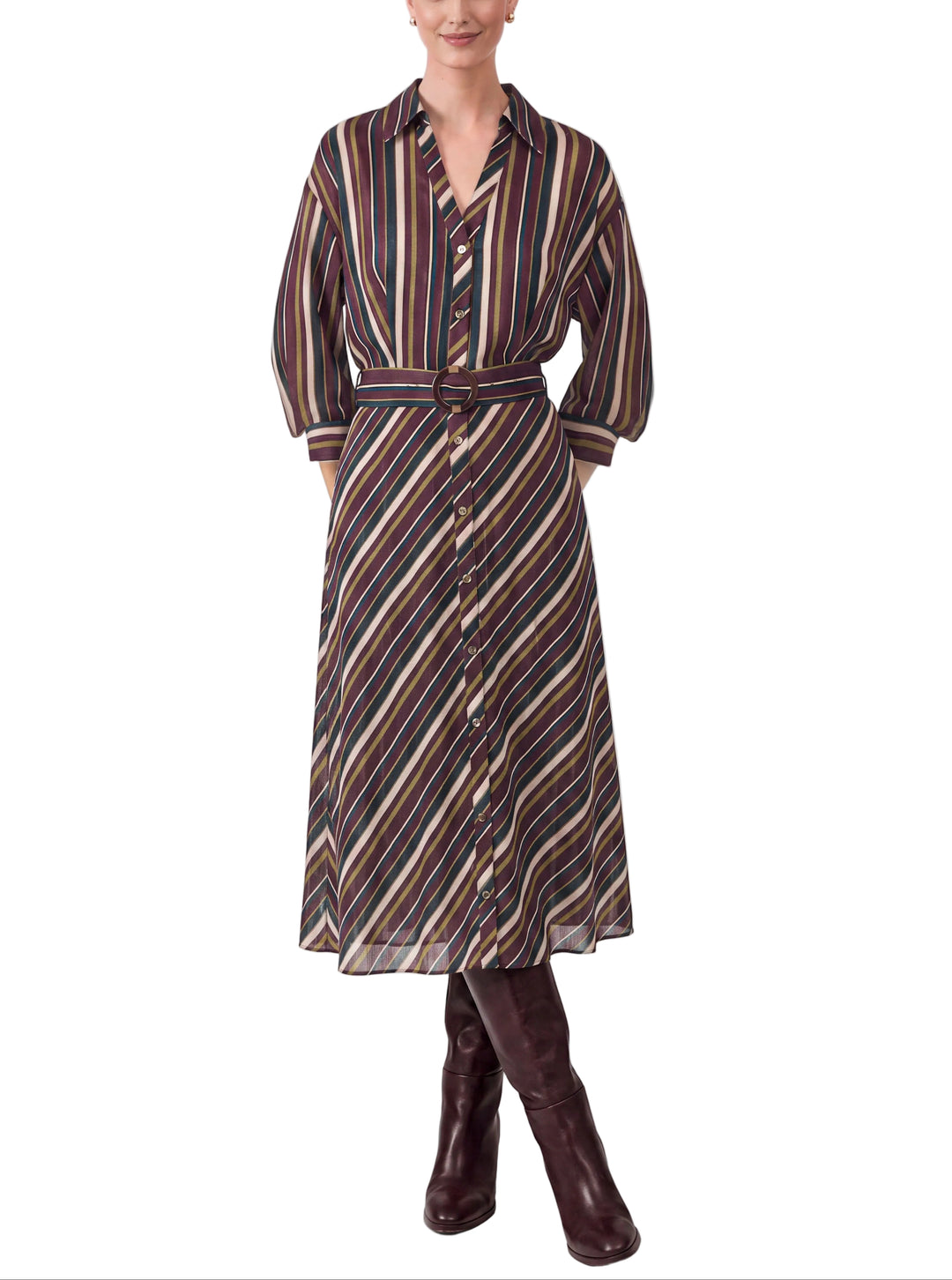 Elegant burgundy midi dress featuring classic stripes for a refined, timeless look. The striped pattern adds visual interest while the midi length offers versatile styling for any occasion. Pair with heels for evening wear or flats for a polished daytime ensemble. Perfect for those seeking understated sophistication with a touch of pattern.