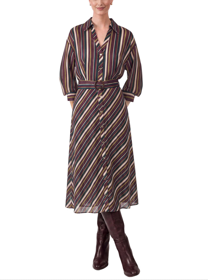 Elegant burgundy midi dress featuring classic stripes for a refined, timeless look. The striped pattern adds visual interest while the midi length offers versatile styling for any occasion. Pair with heels for evening wear or flats for a polished daytime ensemble. Perfect for those seeking understated sophistication with a touch of pattern.