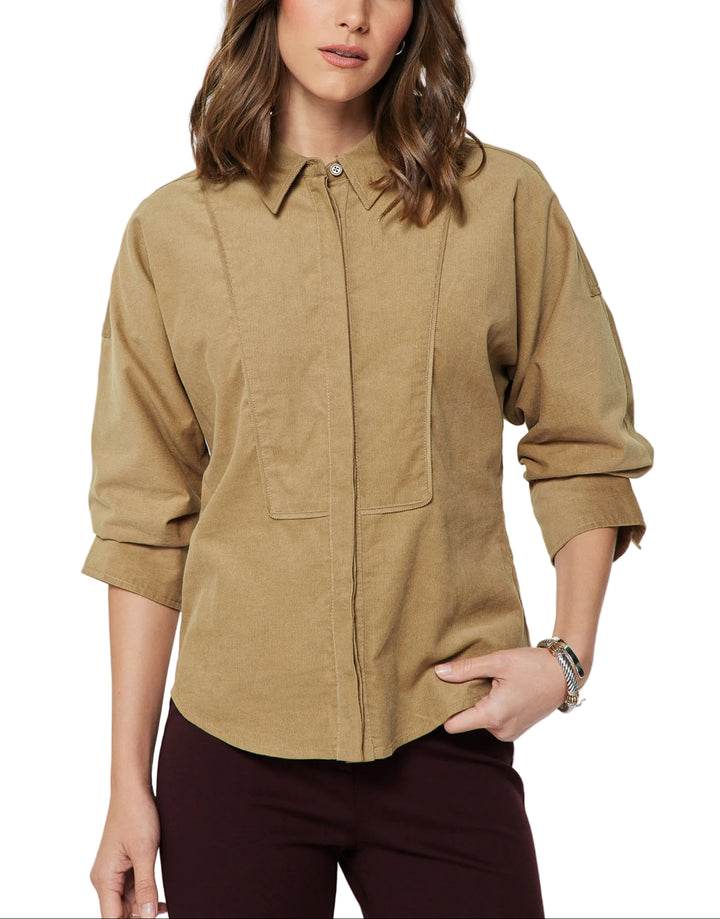Cotton corduroy fabric shirt blouse
Shirt collar neck
Hidden button-down placket
Ruched 3/4 sleeves
Seam detail at bodice
Curved hem
Relaxed fit