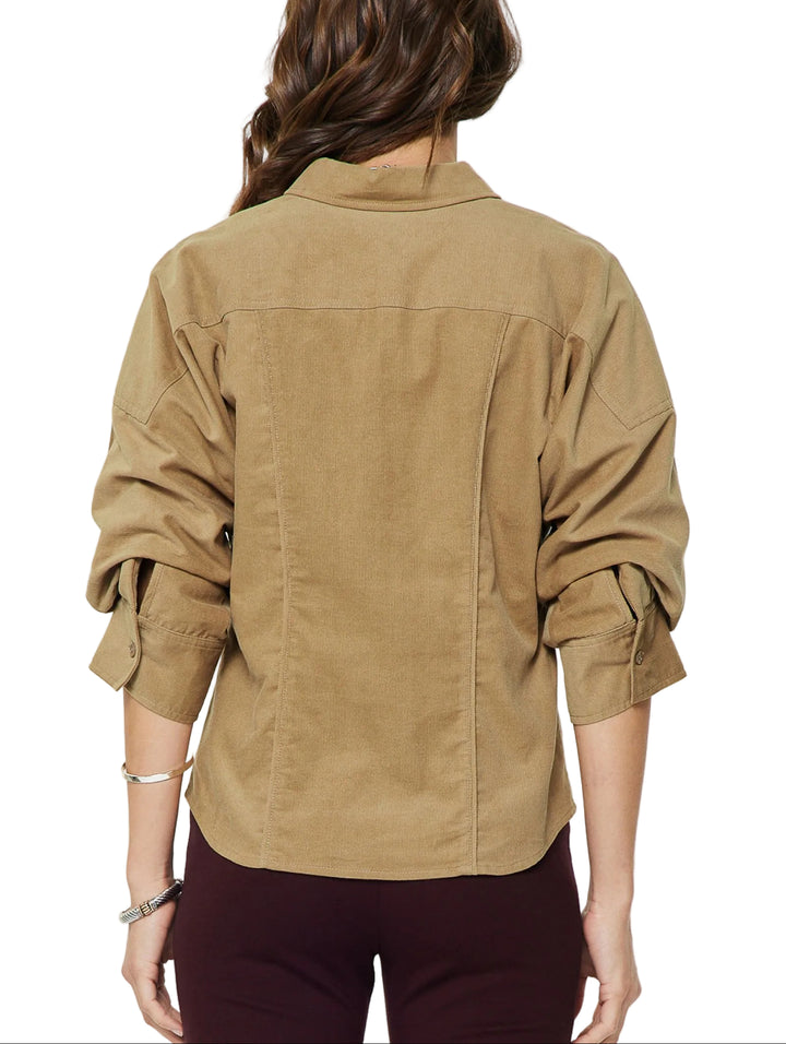 Cotton corduroy fabric shirt blouse
Shirt collar neck
Hidden button-down placket
Ruched 3/4 sleeves
Seam detail at bodice
Curved hem
Relaxed fit
