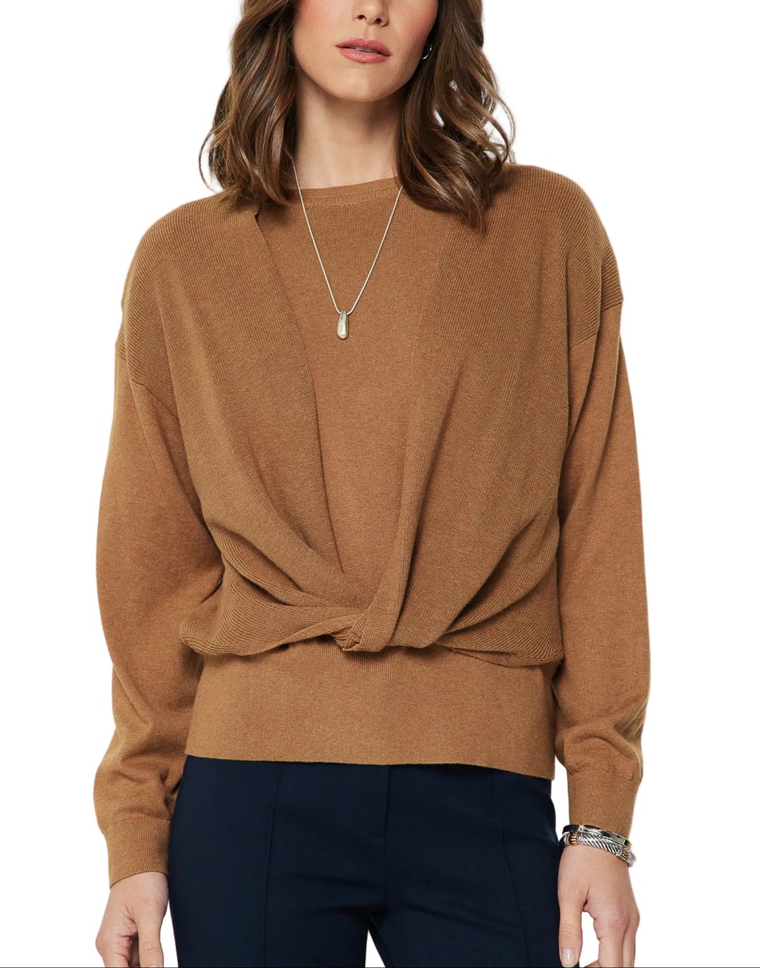 Soft fine knit fabric sweater top
Crew neckline
Twist detail front
Long dolman sleeves
Relaxed fit