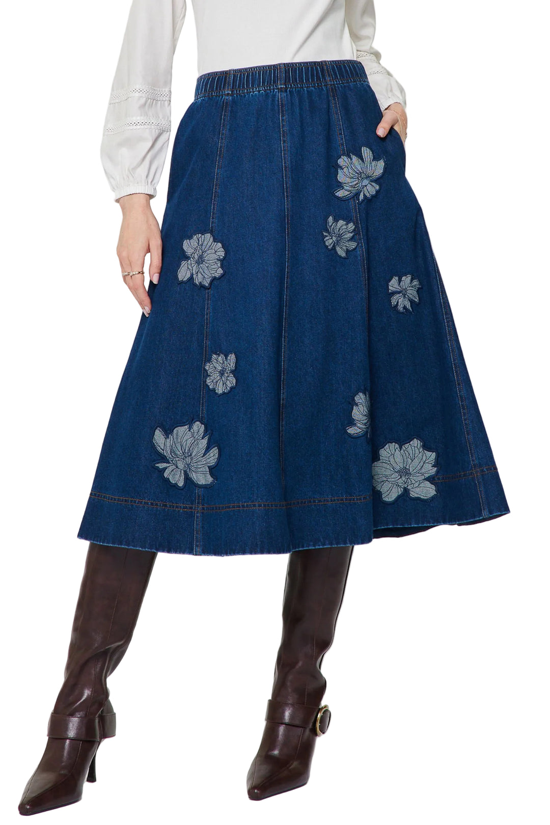 Floral Embroidered Denim Midi Skirt