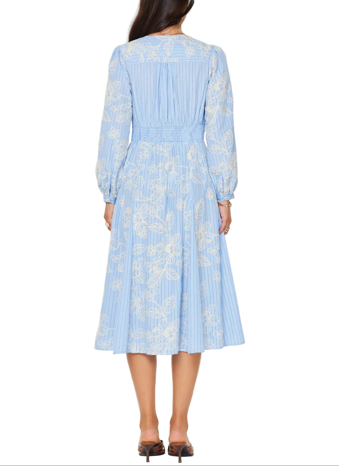 Striped with floral embroidery dress
V-neckline with twisted waist detail
Long puff sleeves
Midi-length A-line skirt
Gentle cycle wash in cold water
50%COTTON 50%POLYESTER