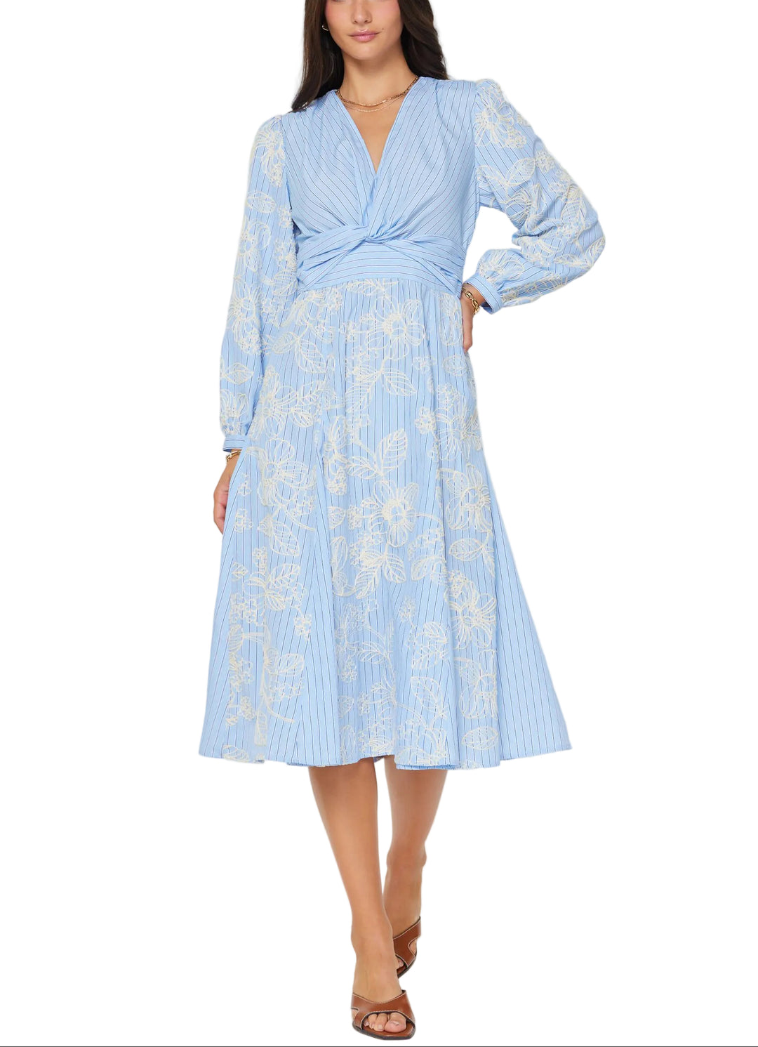 Striped with floral embroidery dress
V-neckline with twisted waist detail
Long puff sleeves
Midi-length A-line skirt
Gentle cycle wash in cold water
50%COTTON 50%POLYESTER