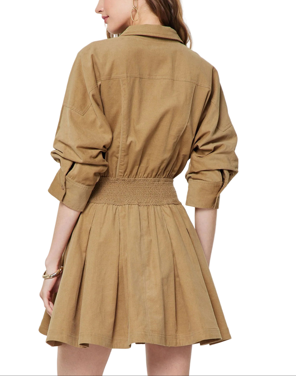 Cotton corduroy fabric dress
Shirt collar neck
Half button placket
Smocked waist
A-line mini skirt
3/4 length sleeves
Side pockets
Lining included