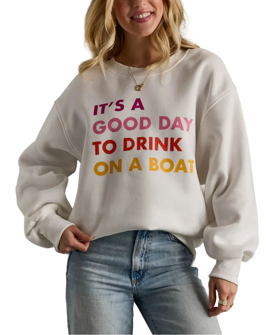 White oversized sweatshirt
Multicolored “It’s a Good Day to Drink on a Boat” print on the front
Long sleeves with ribbed cuffs and hem
Soft fleece interior for cozy comfort
Classic crew neckline with a relaxed oversized fit
Imported garment
50% Cotton / 50% Polyester