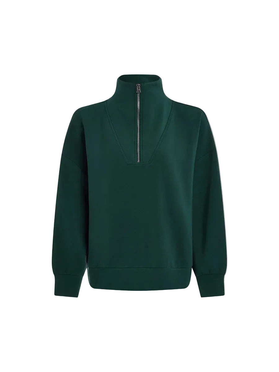 A dark forest green long-sleeve quarter-zip sweatshirt with a mock neck collar, displayed on a light gray background.