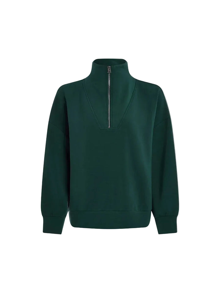 A dark forest green long-sleeve quarter-zip sweatshirt with a mock neck collar, displayed on a light gray background.