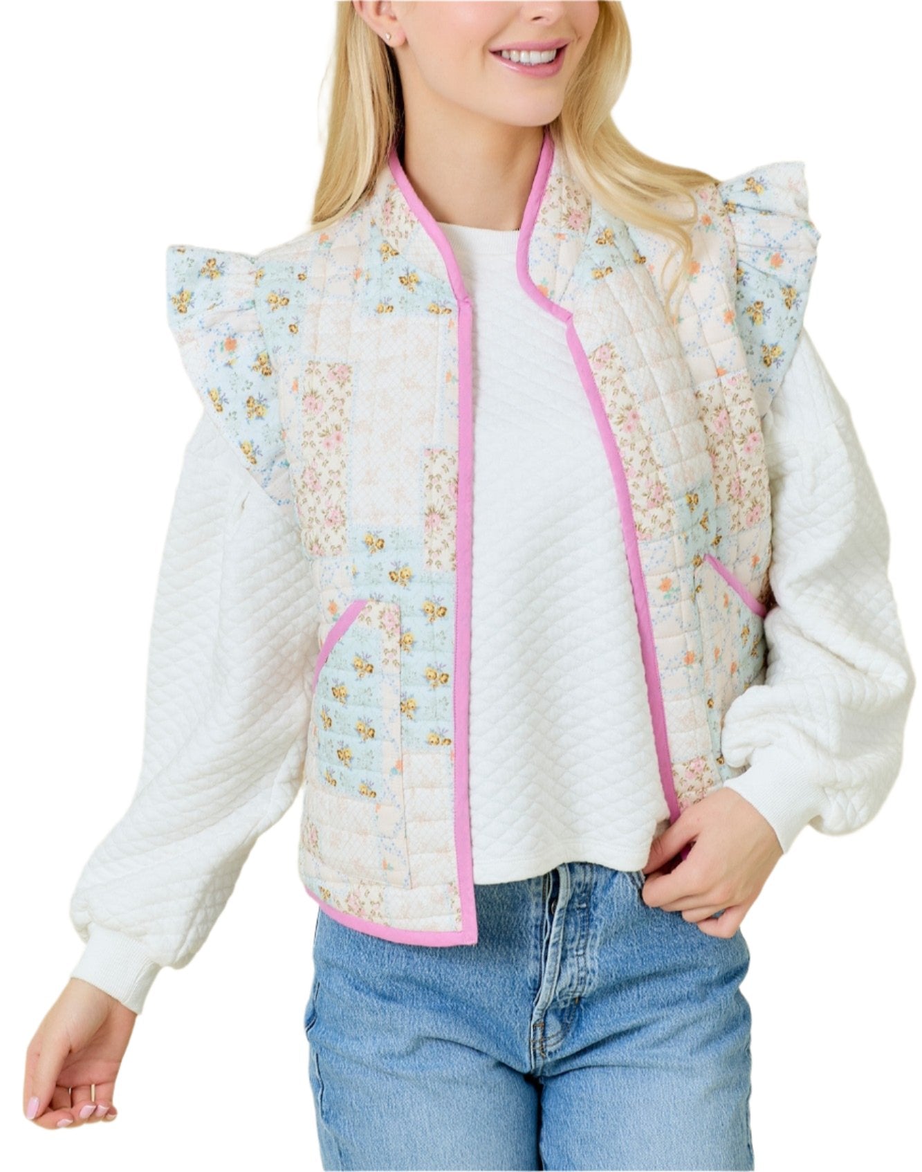 Quilted vest with contrast binding and ruffle sleeve