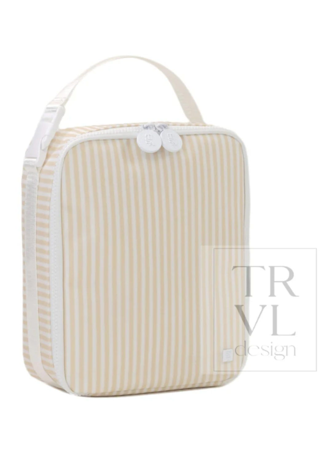 Beige striped toiletry bag with white accents on a white background, featuring the brand &