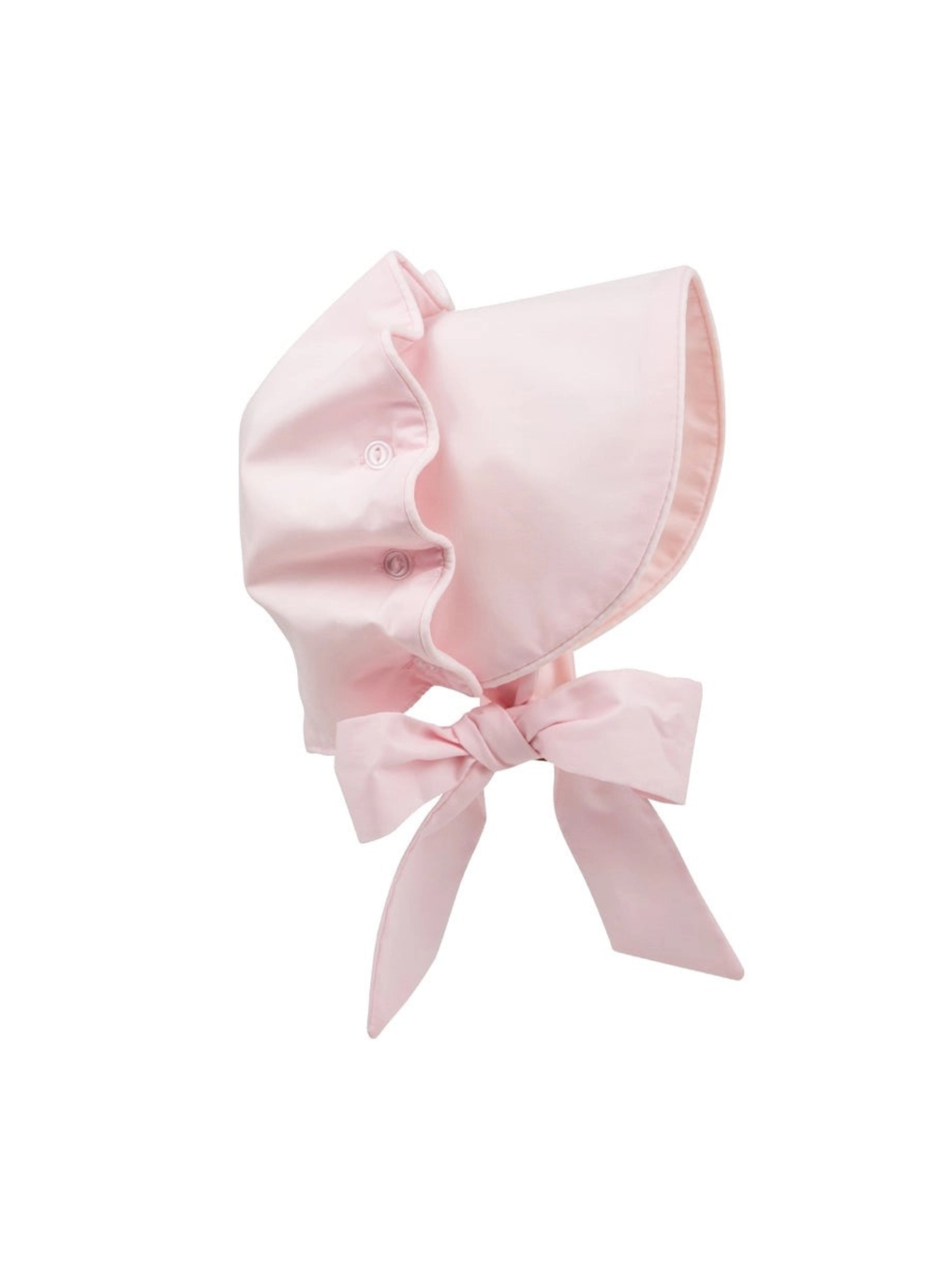 A light pink bonnet with ruffled edges and a tied bow, shown on a plain white background.