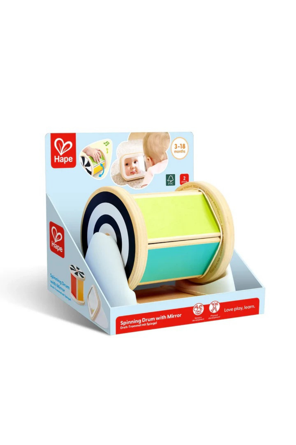 Hape toy packaging with a colorful spinning drum on a white background
