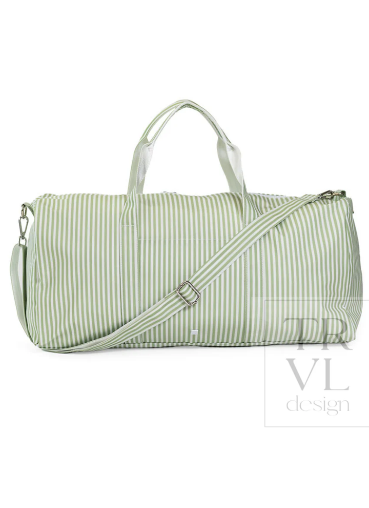 Green striped duffel bag with a shoulder strap on a white background, featuring the brand &