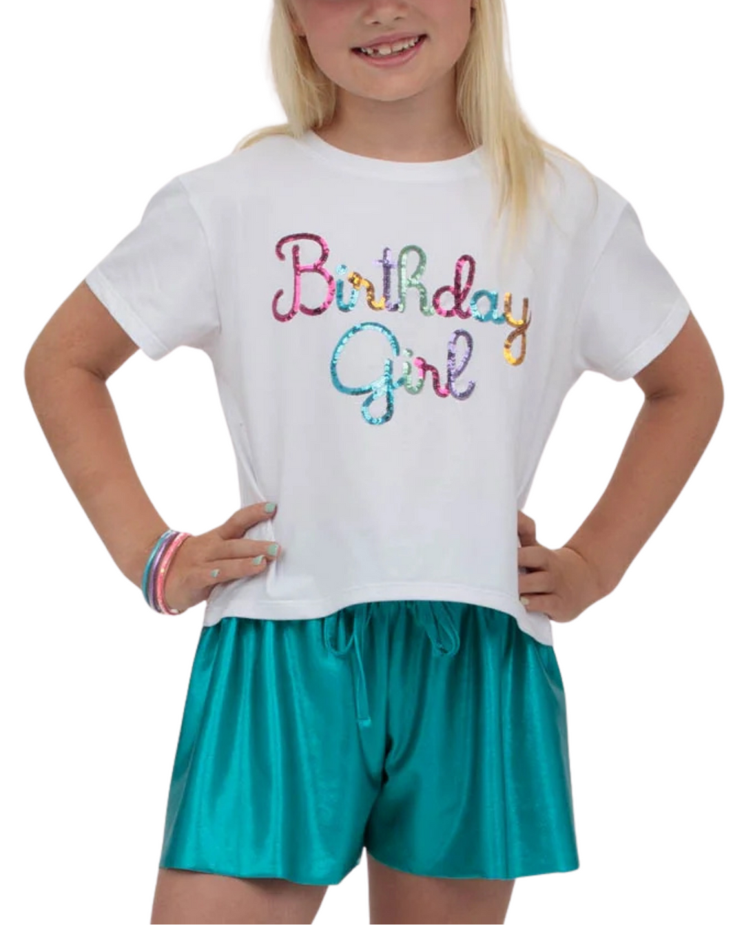 A young girl wearing a white short-sleeve t-shirt with &