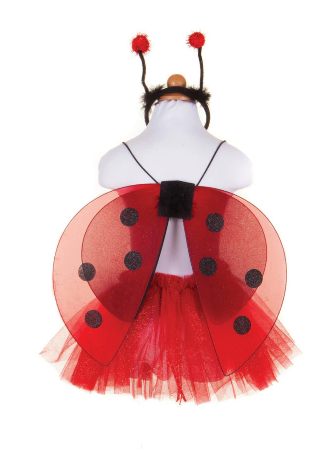 She's the little bug you won't mind buzzing around the house! Our Ladybug 3 piece set includes a tutu skirt, wings and headband. The red tutu skirt features three tiers of soft tricot and sparkle tulle. Springy antennae headband tops this Ladybug outfit. Finish with the red-and-black polka dot 4 piece wings and she's ready to take to the sky!