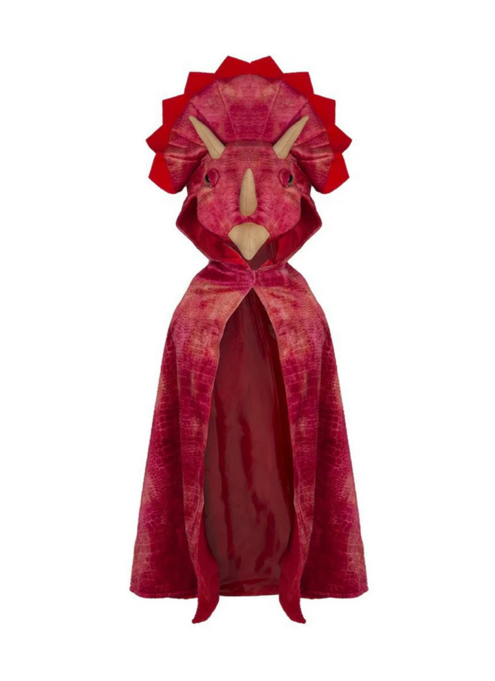 Dinosaurs that are Jurassic! This dino cape from our Dino Collection, features textured velour, realistic eyes, and 3D stuffed detailing. Horns and felt detailing around the head makes this Triceratops dino something to roar about! A lined hood and Velcro closure makes this cape durable and always machine washable. 