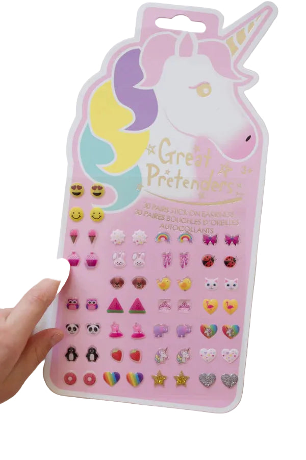 30 pairs of stick on earrings! A different pair everyday of the month. Achieve the pierced ear look without having your ears pierced with these fun animal, unicorn and glitter earrings. Hearts, stars, rainbows and so much more!