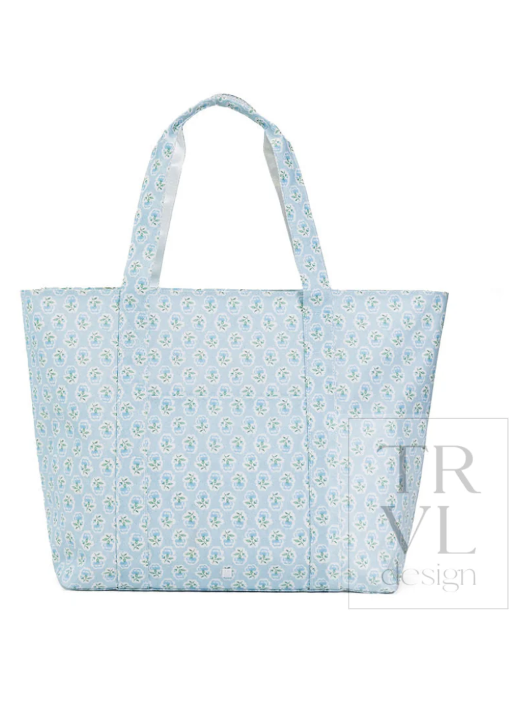 Light blue tote bag with floral pattern on a white background