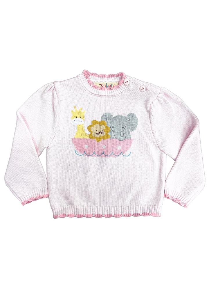 A light pink knit baby sweater featuring a colorful cartoon animal boat design on the chest with a giraffe, lion, elephant, and a pink boat, shown on a plain white background.