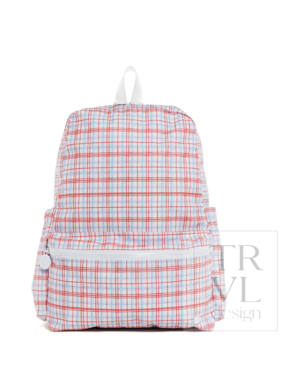 Plaid backpack with red and blue pattern on a white background
