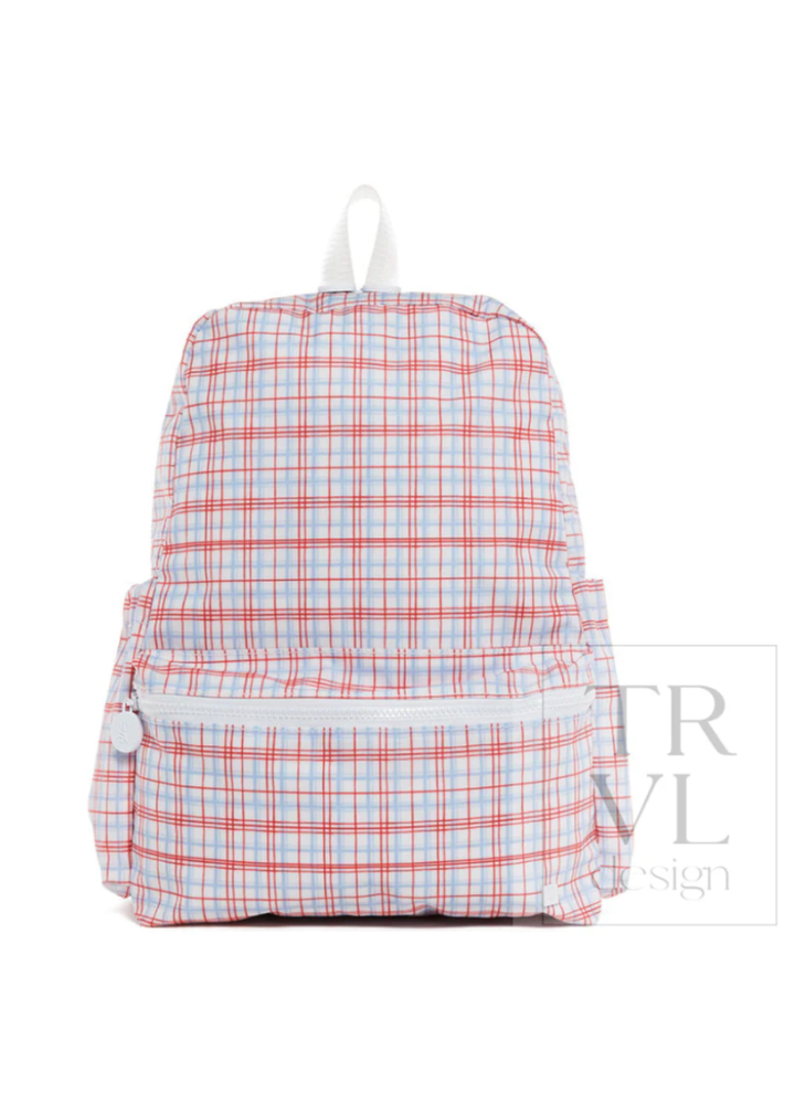 Plaid backpack with red and blue pattern on a white background