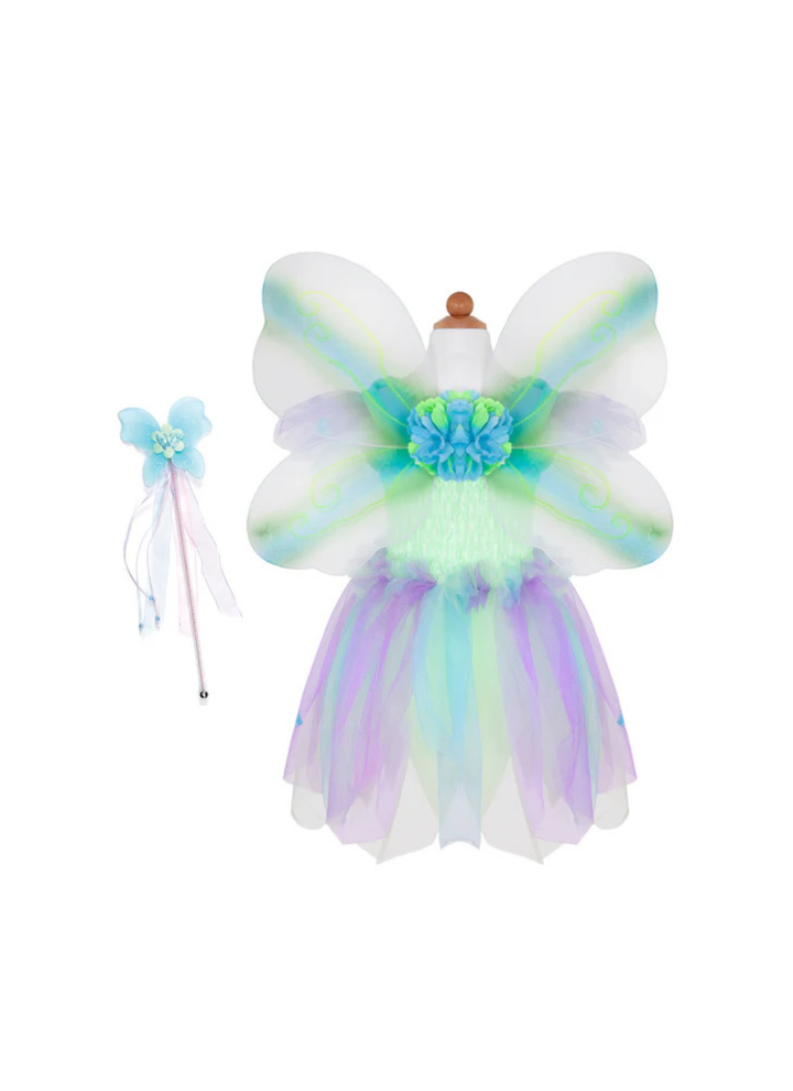 Great Pretenders™ Butterfly Dress, Wings, and Wand 3-pc Set. This beautiful dress, wings, and wand set will transform all little fairies to a wonderful land of fantasy and imagination. The bodice is fully ruched satin and provides comfort and size flexibility. The skirt features layers of sparkly petals adorned with iridescent butterflies and is fully lined. Adorable 4-pc wings are very comfortable to wear because they come with satin covered elasticized straps. A matching wand completes the look to work th