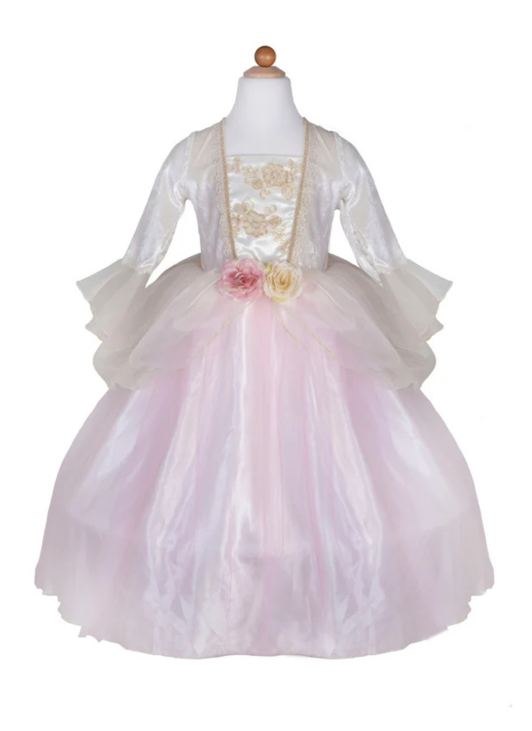 This absolutely stunning and elegant dress is designed with great attention to the finest details. The soft and silky skirt has a hoop and a shimmery top layer with a sparkly peplum. The crushed velvet bodice has a satin inset embellished with gold embroidery and finished with fancy golden trims. Elasticized waistband is adorned with pink and champagne-colored roses at the front.&amp;nbsp; This gown is dreamy and it’s dream come true for all little princesses!