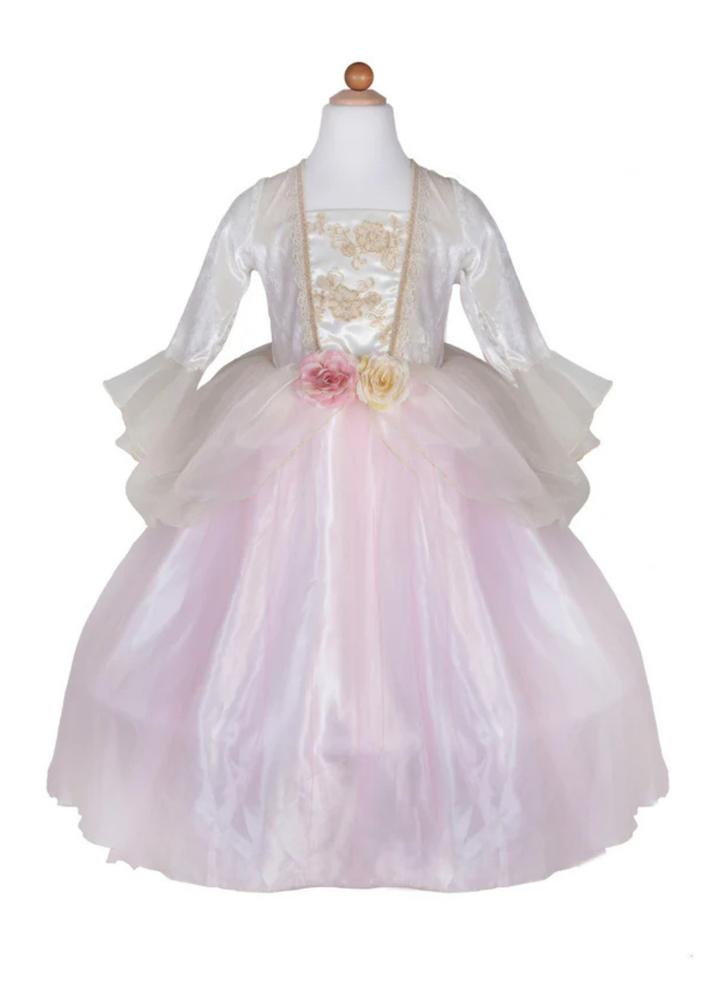 This absolutely stunning and elegant dress is designed with great attention to the finest details. The soft and silky skirt has a hoop and a shimmery top layer with a sparkly peplum. The crushed velvet bodice has a satin inset embellished with gold embroidery and finished with fancy golden trims. Elasticized waistband is adorned with pink and champagne-colored roses at the front.&amp;nbsp; This gown is dreamy and it’s dream come true for all little princesses!
