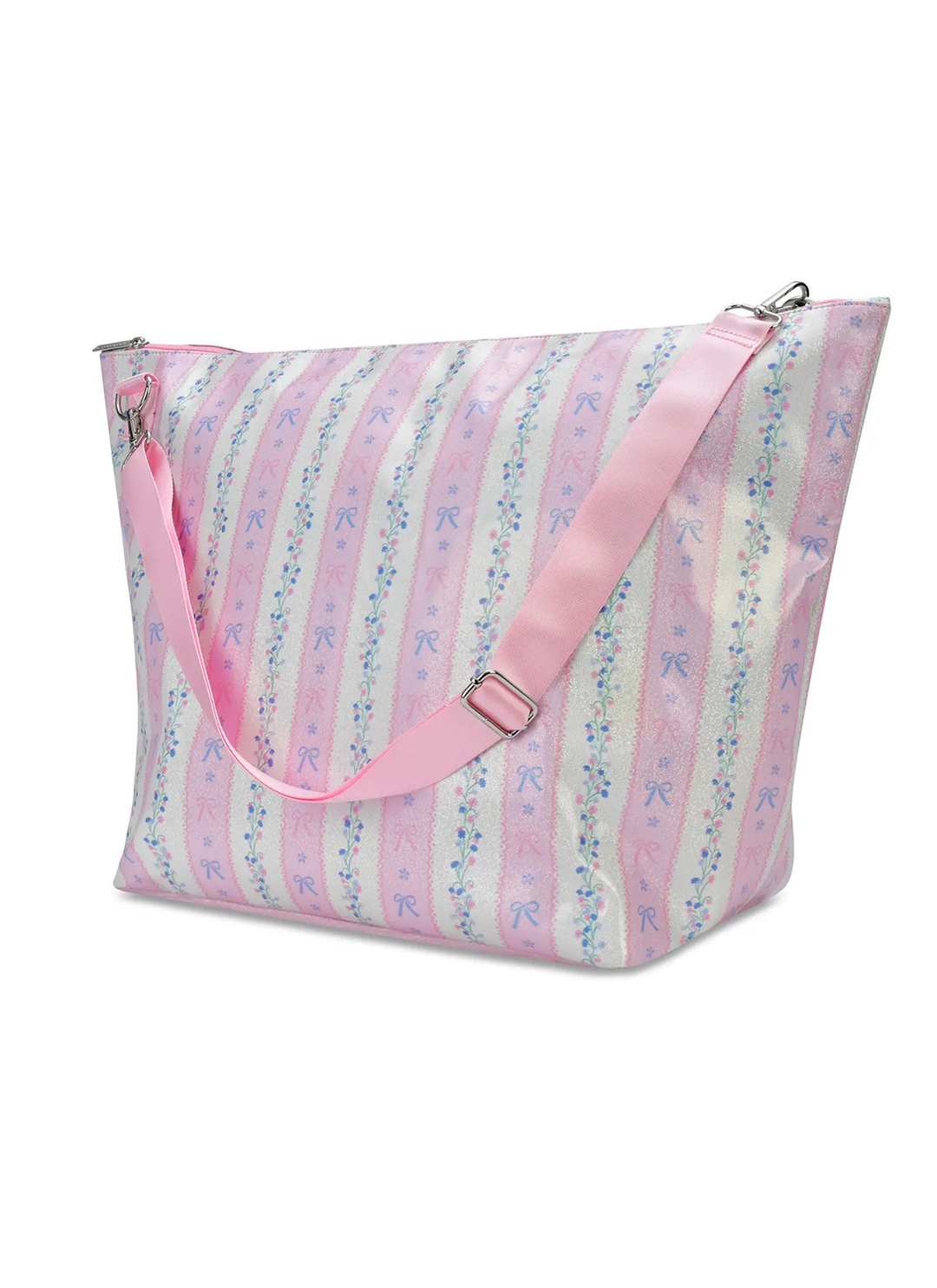 Pink and white striped bag with floral pattern on a white background