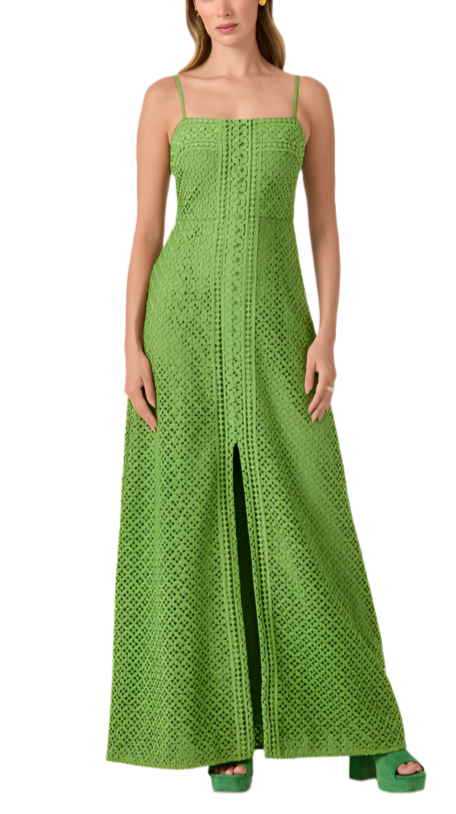 This maxi dress is giving summer goddess. Featuring geometric lace, this sleeveless dress has a cami neckline and center front slit for ease of movement. Wear it for your next desert escape or glamorous pool party.

Maxi Length
Cami Neckline
Sleeveless
Invisible Back Zip With Hook And Eye Closure
Lace Border At Center Front
Decorative Button Loop Detail At Center Front
Fully Lined, Double Lining
