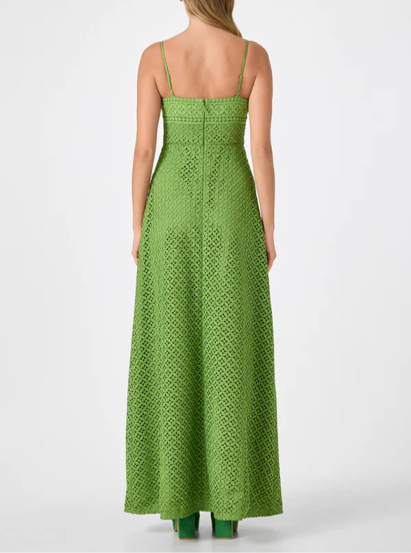 This maxi dress is giving summer goddess. Featuring geometric lace, this sleeveless dress has a cami neckline and center front slit for ease of movement. Wear it for your next desert escape or glamorous pool party.

Maxi Length
Cami Neckline
Sleeveless
Invisible Back Zip With Hook And Eye Closure
Lace Border At Center Front
Decorative Button Loop Detail At Center Front
Fully Lined, Double Lining