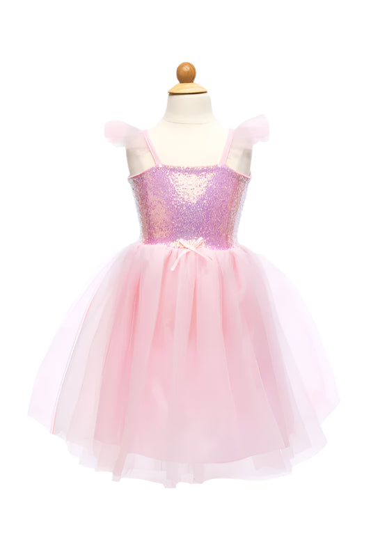Be a perfect princess in this sparkle and shine pink dress. With 2 layers of soft pink tulle and a layer of iridescent glitter tulle, your skirt will always be fluffy and bright. The sequin top is made from iridescent sequins with a soft stretch spandex lining. The straps are made with stretch spandex and feature tulle puffs. A small satin bow detail finishes this adorable princess dress with a touch of class.